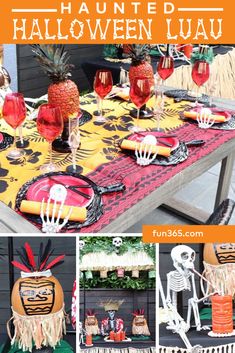 an outdoor halloween party with orange and black tablecloths, pineapples, skeleton decorations