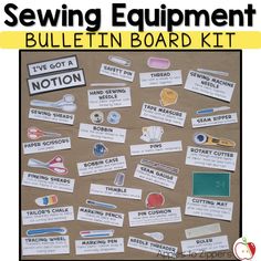 sewing equipment bulletin board kit with instructions and pictures on the front, including scissors, needles, buttons, pins