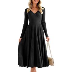 - Color: Black - Material - Long Sleeve Knit Midi Dress Made From High Quality Skin-Friendly Thick Knitted Fabric, Super Soft Cozy To Wear, Keep You Warm In Spring Fall And Winter - Feature - Deep V Neck, Faux Wrap, Pleated A Line Hem, Fit And Flare, Long Flowy Swing Dress, Plain Solid Color, Ribbed Knit Maxi Dress, Ruched High Waisted Dresses, Tight Fitted Pullover Sweater Dress - Occasion - Trendy Spring Midi Dresses Perfect For Any Occasions, Like Formal Cocktail Wedding Guest Dress, Elegant Winter A-line Midi Dress For Date Night, Fall V-neck Solid Color Sweater Dress, Black V-neck Sweater Dress For Evening, Black Solid Color Winter Dress, Fitted V-neck Sweater Dress In Solid Color, Elegant Long Sleeve Knit Midi Dress, Knee-length Black Sweater Dress For Fall, Elegant Fitted Solid Color Sweater Dress, Solid Pleated Midi Dress For Winter