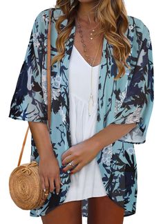 PRICES MAY VARY. Material: Kimono for women is made of light and soft chiffon fabric. Chiffon cardigan is comfortable to wear, highly breathable and flowy.The women sheer blouse adds a feminine touch while the breezy design keeps you cool and relaxed. Features:Swimsuit cover up design of open front, short sleeve, and medium length. Women summer outfits come in a variety of colors, including a classic floral print for a variety of styles. Match:Women tops awesome to add style to any outfit. The v Flowy V-neck Cardigan For The Beach, Non-stretch Open Front Cardigan For Vacation, Open Front Non-stretch Vacation Cardigan, Printed Beach Cardigan, Summer Casual Printed Cardigan, Casual Printed Summer Cardigan, Lightweight Casual Cardigan For Spring, Fall Vacation Printed Cardigan, Summer Open Front Printed Cardigan