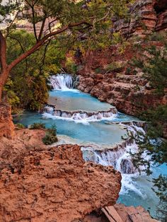 a river flowing through a lush green forest filled with trees next to a rocky cliff