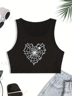 Lasaky - Captivating Spider Web & Heart Print Sleeveless Tank Top, Elegant Crew Neck Womens Apparel Casual Sleeveless Halloween Vest, Halloween Sleeveless Vest Top, Trendy Sleeveless Heart Print Tops, Casual Halloween Vest Top, Sleeveless Top With Heart Graphic For Spring, Sleeveless Spring Top With Heart Graphic, Halloween Stretch Sleeveless Tank Top, Casual Summer Tank Top With Heart Graphic, Trendy Black Tank Top For Halloween