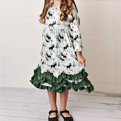 Beautiful Dress With Green Moose Print Cute Long Sleeve Princess Dress With Ruffles, Cute Princess Dress With Ruffles And Long Sleeves, Cute Green Dress For Winter, Long Sleeve Ruffled Dresses For Dress-up, Cute Green Winter Dress, Winter Dress-up Ruffle Dress, Spring Holiday Dress With Ruffles For Dress-up, Winter Princess Dress With Long Sleeves And Ruffles, Cute Fall Dresses With Ruffle Hem