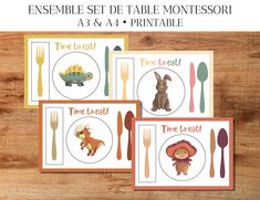 three place mats with animals and forks on them, one for each child's table