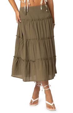 This all-cotton midi skirt boasts a tiered silhouette that sways with each step you take. 100% cotton Machine wash, dry flat Imported Tiered Midi Skirt, Cotton Midi Skirt, Swimwear Dress, Skirt Belt, Cute Crop Tops, Mid Length Skirts, Olive Color, S Models, Model Height