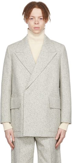 Cotton and nylon-blend tweed blazer. · Padded shoulders · Peaked lapel · Double-breasted button closure · Flap pockets · Belt loops · Welt pockets at interior · Full satin lining Available exclusively at SSENSE. Supplier color: Open white | Jil Sander SSENSE Exclusive Off-White Cotton Blazer White Notch Lapel Tweed Jacket For Work, White Tweed Jacket With Notch Lapel For Work, White Tweed Jacket With Pockets For Work, Modern White Outerwear With Welt Pockets, White Notch Lapel Outerwear With Patch Pockets, Winter 22, Cotton Blazer, Cotton Coat, Tweed Blazer