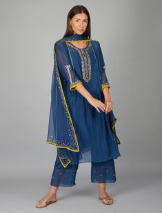 Blue Chanderi Sequins Embellished Kurta Set at Kamakhyaa by Devyani Mehrotra. This item is Blue, Chanderi Silk, Cotton, Embroidered, Evening Wear, Georgette, Kurta Pant Sets, Kurta Set with Dupattas, Natural, Pre Spring 2023, Relaxed Fit, Solids, Womenswear Egyptian Blue, Kurta Set For Women, Kurta Set, Indian Design, Online Clothing Stores, Indian Wear, Festival Wear, Blue Fabric, Aza Fashion