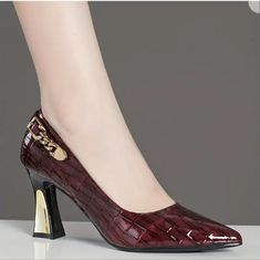 Women's Chain Decor Block Heels, Elegant Point Toe Dress Pumps, Women's Fashion Slip On Heels. Brand New. Kind Dark Burgundy .Not Red Trendy Burgundy Heels For Formal Occasions, Clear Chunky Heels, Heels Elegant, Slip On Heels, Chain Decor, Silver Pumps, Wooden Clogs, Dark Burgundy, Buckle Shoes