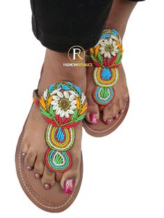 African Sandals. Made using high quality leather And beads. Bohemian T-strap Sandals With Round Toe For Vacation, Bohemian Open Toe T-strap Sandals For Vacation, Multicolor Open Toe T-strap Sandals For Summer, Summer Multicolor Open Toe T-strap Sandals, Handmade Summer Sandals With Round Toe, Beaded Sandals For Summer Vacation, Bohemian Slingback Sandals With Round Toe For Vacation, Handmade Adjustable Flat Sandals, Handmade Flat Adjustable Sandals