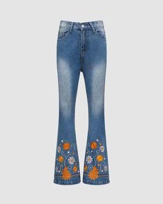 Mylo Flared Floral High Waisted Denim Jeans Casual Mid-rise Bottoms With Floral Print, Non-stretch Bohemian Jeans In Denim Blue, Non-stretch Bohemian Denim Blue Jeans, Non-stretch Denim Blue Bohemian Jeans, Non-stretch Denim Jeans With Embroidery, Bohemian Mid-rise Flare Jeans For Spring, Non-stretch Denim Blue Bottoms With Floral Embroidery, Embroidered Non-stretch Denim Pants, Bohemian Medium Wash Jeans For Spring