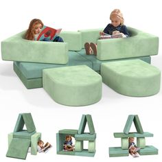 two children are sitting on the couches with books in their hands and one child is reading