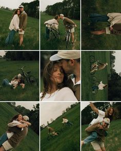 a collage of photos with people in the grass and one man holding a woman