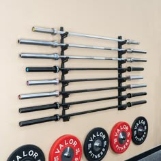 there are many different types of barbells hanging on the wall