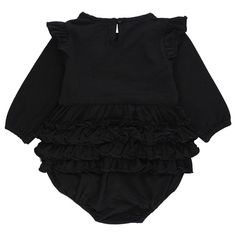 This adorable romper is composed of soft knit cotton for a comfortable fit and includes three tiers of signature rear ruffles on the back. This romper is so versitile and can be worn during fall festivities or to complete this years halloween costume. This romper will be her new go-to this season! Spring Long Sleeve Ruffled Onesie, Cute Cotton Bubble Romper With Ruffle Hem, Cute Long Sleeve Onesie With Ruffles, Cotton Bubble Romper With Ruffle Sleeves, Cotton Ruffle Onesie For Playwear, Cotton Onesie With Ruffles For Playwear, Cute Cotton Ruffle Bodysuit, Cotton Ruffled Bodysuit For Playwear, Cotton Bodysuit With Ruffles For Playwear