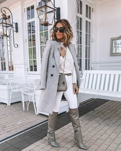 Karina Style Diaries wearing white and grey outfit Tamara Mellon slouchy boot Grey Boots Outfit, Karina Style, Comfy Fall Outfits, Double Breasted Dress, Early Black Friday, Weekly Outfits, Trending Boots, Grey Boots, Grey Outfit