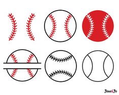 four baseballs with different designs on the front and back, one in red and one in black