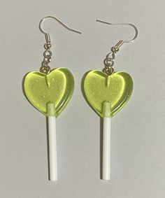 heart lollipop earrings (green) ear wire Cute Green Jewelry For Party, Cute Green Jewelry For Valentine's Day, Green Heart-shaped Earrings For Valentine's Day, Green Heart Shaped Earrings For Parties, Green Heart Earrings For Valentine's Day, Green Heart Earrings For Valentine's Day Party, Green Earrings For Valentine's Day Party, Playful Green Earrings For Party, Playful Green Earrings For Parties