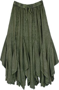 Wholesome, full, and fashionable - this olive green-hued ruffled skirt is such a beautiful piece you would want to wear it every day to make it special! With its medieval-western style, it gives a retro look, and the rayon material makes it comfortable.  This skirt has a great fall and it is free-flowing around hips for a comfortable fit. #tlb #Stonewash #Embroidered #Solid #WesternSkirts #hippiefestivalskirt #musicfestivalskirt #campingfestivalskirt Olive Green Skirt, Western Skirts, Festival Skirts, Hippie Look, Trendy Skirts, Ruffled Skirt, Boho Skirts, Green Outfit, Hippie Outfits