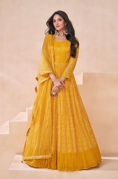 Yellow Designer Embroidered Pure Georgette Party Wear Gown-Saira's Boutique Heavy Anarkali, Georgette Anarkali Suits, Wedding Salwar Kameez, Georgette Gown, Georgette Anarkali, Gown With Dupatta, Yellow Gown, Lehenga Gown, Reception Gown