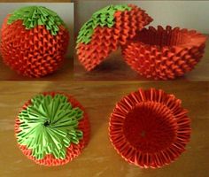 four different views of strawberries made out of folded origami paper on a table