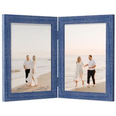 an open blue frame with two people walking on the beach and one person holding hands