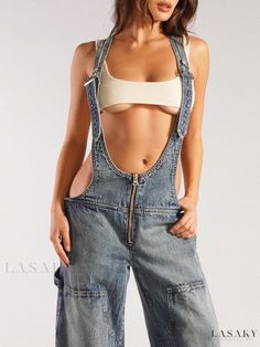 Lasaky - Personalized Distressed Straight Leg Denim Jumpsuit with Low Waist and Wide-leg Design Dirndl Outfit, Denim Jumpsuits, Barbie Mode, Jeans Overall, Bandeau Tops, Salopette Jeans, 사진 촬영 포즈, Suspender Pants, Pockets Fashion