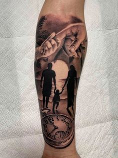 a man's arm with a tattoo on it and an image of two people holding hands