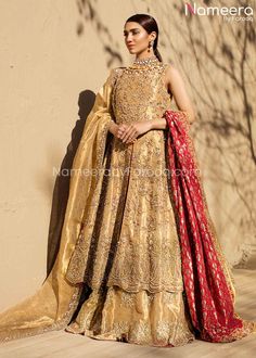 Buy Pakistani Bridal Dresses-Royal Lehenga Bridal for Wedding with Long Shirt-Pakistani Bridal Wear With Dabka, Nagh, Zari, Embroidery, Patch Work In USA, UK, Canada, Australia Visit Now : www.NameerabyFarooq.com or Call / Whatsapp : +1 732-910-5427 Gold Gharara, Tissue Gown, Royal Lehenga, Tissue Lehenga, Heavy Lehenga, Lehenga Bridal, Lehenga Dupatta, Red Shawl, Pakistani Bridal Dresses