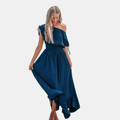 The Blue Off-Shoulder Flounce Hem Maxi Dress is your new partner in style. With its playful off-shoulder cut and a flouncy hem, this dress brings a bit of fun to any occasion. It’s not just a dress—it’s a mood booster. Product code: CAA05A4G062HH Blue One Shoulder Ruffle Dress For Spring, Spring Blue One Shoulder Dress With Ruffles, Blue One Shoulder Dress With Ruffles For Spring, Blue Off Shoulder Maxi Dress For Spring, Blue Ruffled Off-shoulder Dress, Spring Blue One Shoulder Dress For Vacation, Blue Off-shoulder Beach Dress, Summer Off Shoulder Dress With Ruffle Hem, Blue One Shoulder Dress For Spring Vacation