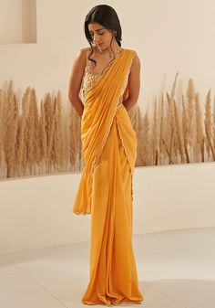 Yellow Georgette Embroidered Draped Saree Set Zoon Tribe - Fabilicious Fashion Yellow Saree Look Traditional, Plain Yellow Saree For Haldi, Freshers Dress, Plain Yellow Saree, Yellow Saree Look, Yellow Saree For Haldi, Yellow Chiffon Saree, Mustard Yellow Saree, Yellow Georgette Saree