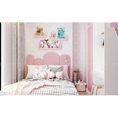 a bedroom with pink and white decor in the corner, and an ice cream cone hanging on the wall