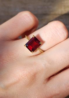 Red Stone Rings For Women, Ruby Engagement Ring Emerald Cut, Gold Rings With Red Stone, Red Ruby Ring Gold, Emerald Cut Garnet Ring, Red Stone Ring Women, Emerald Cut Ruby Engagement Ring, Emerald Cut Gemstone Ring, Emerald Cut Ruby Ring