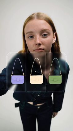 a woman with four different purses in front of her face and an image of the same bag