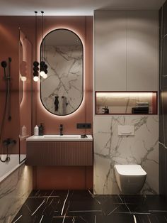 a bathroom with marble walls and flooring is pictured in this image, it has a round mirror on the wall above the sink