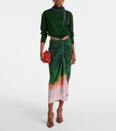 Draped printed silk-blend midi skirt in green - Dries Van Noten | Mytheresa Spring Workwear Silk Skirt, Elegant Multicolor Skirt For Evening, Elegant Multicolor Evening Skirt, Multicolor Silk Flowy Skirt, Chic Silk Midi Skirt, Silk Evening Skirt For Spring, Multicolor Flowy Silk Skirt, Spring Evening Silk Skirt, Multicolor Silk Skirt