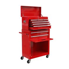 a red tool cabinet with drawers and wheels on the bottom shelf is shown against a white background