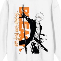 Step into the captivating world of Bleach 1000 Year Blood War with this adult white crew neck long sleeve sweatshirt. Adorned with an image of Ichigo Kurosaki against vibrant orange letters spelling out the anime's logo, this sweatshirt is a must-have for fans. Crafted from a comfortable blend of 50% cotton and 50% polyester, it offers both style and durability. Maintain its pristine condition with ease by machine washing on cold and tumble drying on low heat. Embrace the spirit of Bleach confidently, as this sweatshirt is officially licensed, ensuring authenticity and quality. White Long Sleeve Streetwear Sweater, White Long Sleeve Sweater For Streetwear, White Long Sleeve Sweater With Letter Print, White Anime Print Hoodie With Long Sleeves, White Long Sleeve Hoodie With Anime Print, White Crew Neck Hoodie With Screen Print, White Cotton Sweatshirt With Anime Print, White Long Sleeve Hoodie With Screen Print, White Long Sleeve Sweatshirt With Anime Print