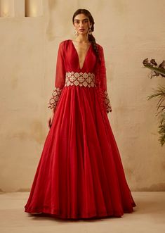 Bhumika Sharma-Red Organza Anarkali Set-INDIASPOPUP.COM Organza Anarkali, Bhumika Sharma, Red Anarkali, Mirror Embroidery, Fashion Design Collection, Anarkali Gown, Red Gowns, Lakme Fashion Week, Ladies Gown