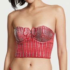 Victorias Secret Dream Angels Rhinestone Shine Lightly Lined Embellished Bow Bustier Red With Rhinestones Never Used ~ New With Manufacturer's Tag Packaging Attached Festive And Flirty. This Stunning Long Line Bra With Allover Gem Details, Plus An Accent Bow At Center Frontwear It In Or Out For Your Moment To Shine. Lightly-Lined Underwire Adjustable Straps Hook-And-Eye Closures At Back Hand Wash Red Underwire Party Corset, Red Underwire Corset For Party, Red Summer Evening Corset, Victoria's Secret Red Party Top, Victoria's Secret Red Top For Party, Red Strapless Evening Top, Red Evening Corset, Glamorous Rhinestone Corset For Night Out, Elegant Victoria's Secret Party Corset