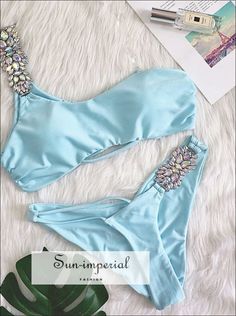 Women Sky Blue One Shoulder Asymmetrical Bikini Set with Rhinestone Jewelry Diamond Decor Details With SUN-IMPERIAL United States Female Swimsuit, Women Bathing, Push Up Swimsuit, Swimsuit Women, Women Swimwear, Costume Intero, Crystal Diamond, Jewelry Diamond, Women Swimsuits