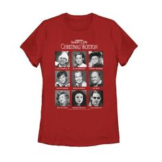 a women's red t - shirt with photos of the cast of horror movies