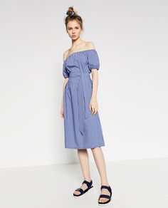 Zara - Striped Midi Dress  Off Shoulder Trend Engagement Photo Dress, Shirt Dress Summer, Dapper Style, Frill Dress, Striped Midi Dress, Long Shirt Dress, Style Maxi Dress, Womens Midi Dresses, Belted Dress