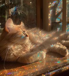 an orange cat laying on top of a window sill