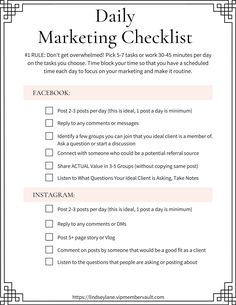 the daily checklist is shown in black and white, with text that reads daily marketing checklist