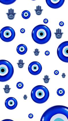 an image of blue evil eyeballs and hamsah symbols in the sky with white background