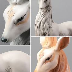 four different pictures of white and orange deer head sculptures, each with an animal's face painted on it