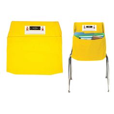 a yellow chair with a pocket on the back and some folders in it's pockets