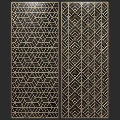 an art deco style screen with geometric design in black and gold color, set against a dark background