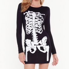 Stretchy Material Halloween Skeleton Dress New Never Worn With Tags! Black Fitted Mini Dress For Halloween, Halloween Long Sleeve Stretch Mini Dress, Casual Black Mini Dress For Halloween, Halloween Bodycon Mini Dress For Night Out, Stretch Mini Dress For Halloween Costume Party, Edgy Fitted Halloween Dress, Edgy Mini Dress For Halloween Night Out, Stretch Dress For Halloween Night Out, Edgy Fitted Mini Dress For Halloween