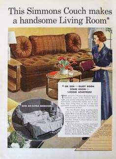 an advertisement for the simmons couch makes a handsome living room, with a woman holding a book